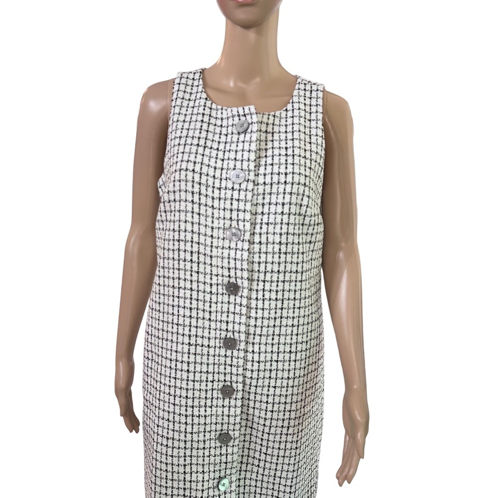J. Crew Tweed Sheath Dress Black White Plaid Button Front Sleeveless Size 6